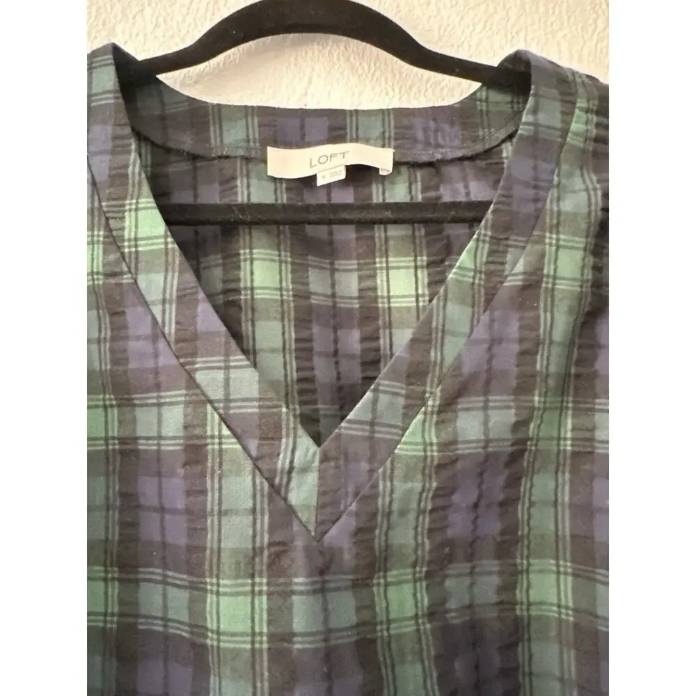 Loft Plaid Textured Tartan Green Blue Puff Short Sleeve Blouse V-Neck Sz Medium